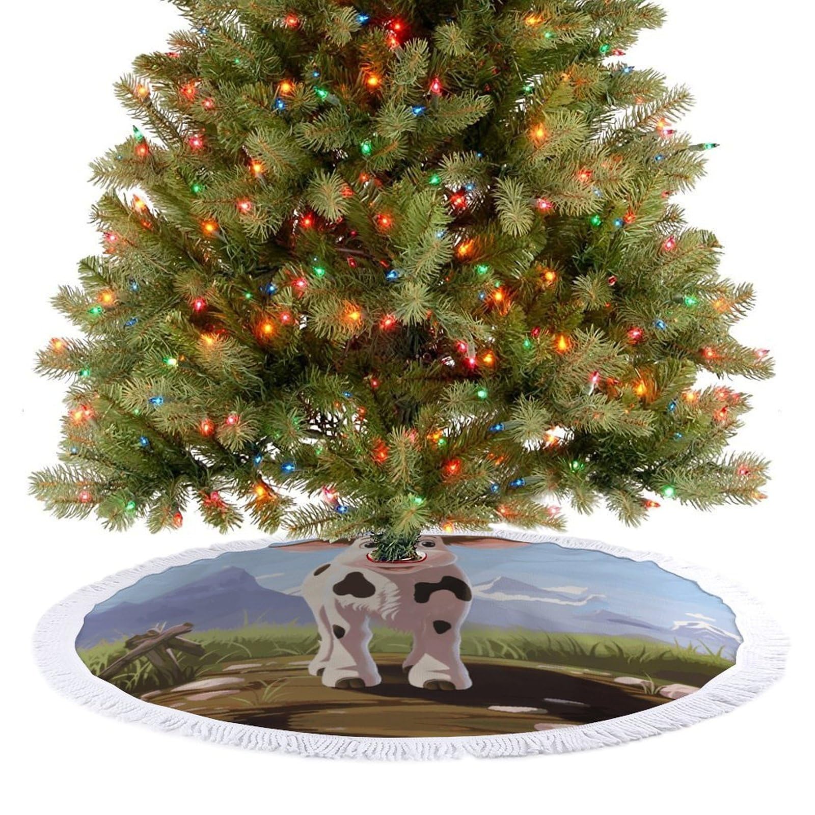 Cow Milk Christmas Tree Skirt 36"x36" Rustic Xmas Tree Mat with Tassel Ornament Christmas Trees Cover Skirt Mat for Evergreen Trees Ornament Winter Holiday Mats Decorations