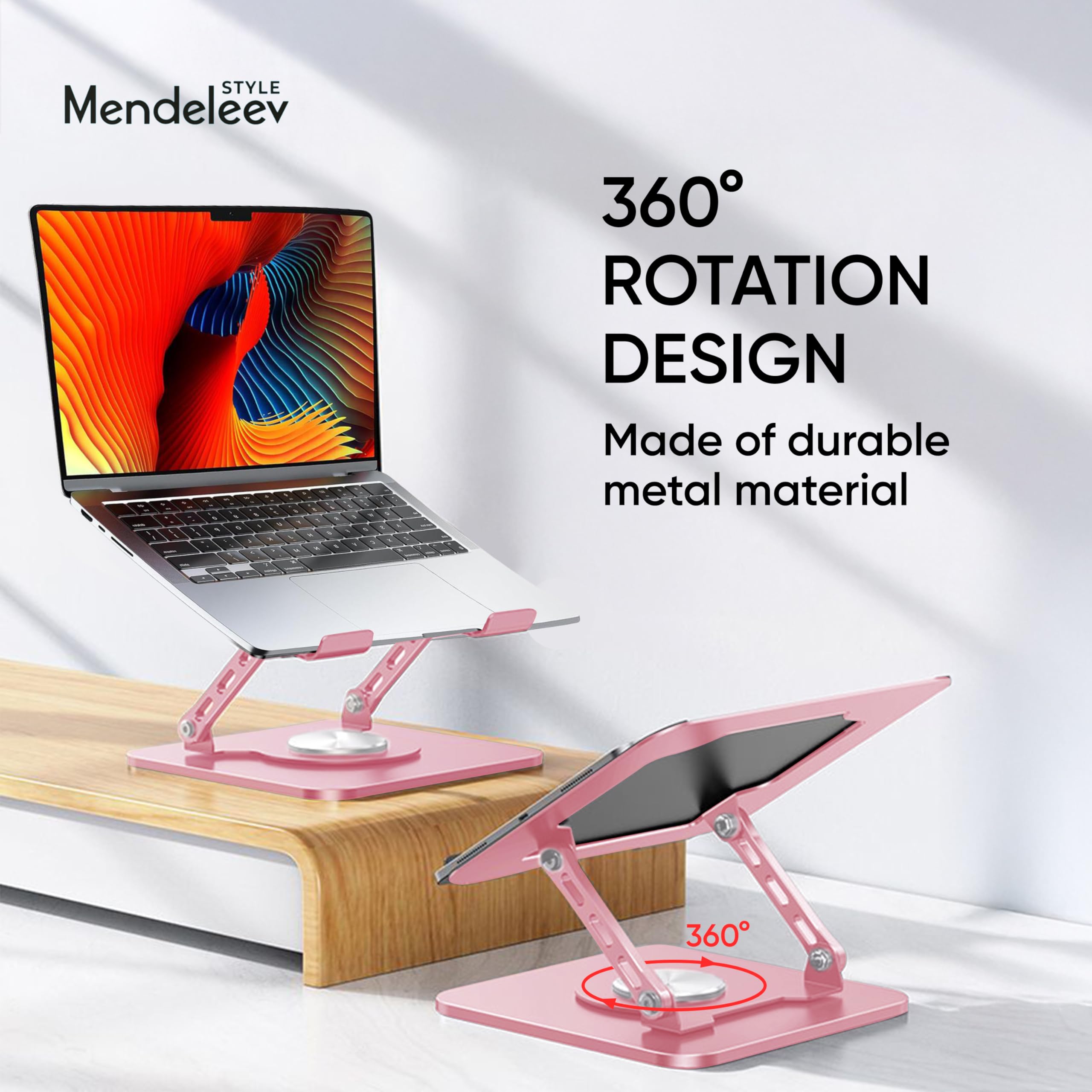 MENDELEEV STYLE Pink Laptop Stand for Desk with 360 Rotating Base Compatible with MacBook Pro/Air Notebook up to 16 Inches Computer Stand for Laptop Ergonimic Foldable Riser for Desk