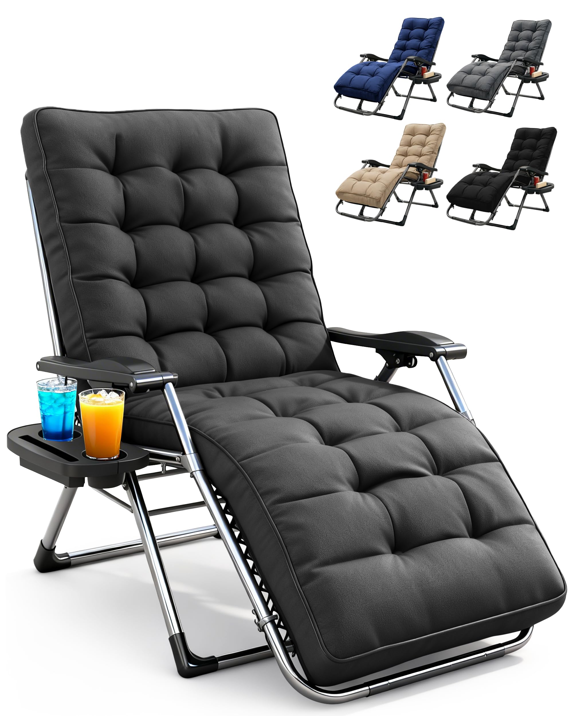KEPLIN Square Tube Gravity Chair with Cushion 1 Pack – Extra Wide 72cm Zero Gravity Reclining Garden Chair, Reinforced Frame Supports 150kg, Locking System, Cup Holder, Foldable Sun Lounger