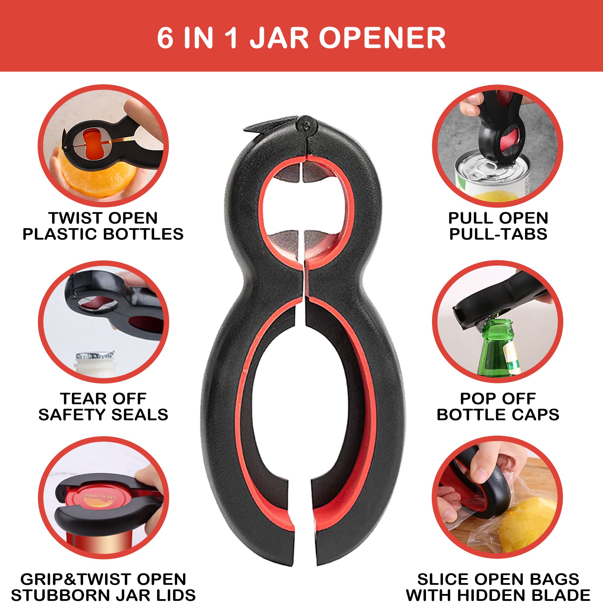 HUMANFUN Abridor de tarros para manos débiles, abridor de tarros fácil de girar para personas mayores con artritis, abridor de botellas multifunción 5 en 1, abridor de tapas para manos artríticas con
