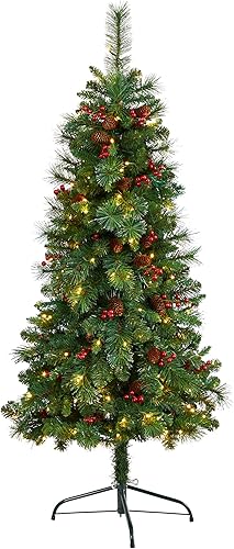 Miniatura 1 de Nearly Natural Árbol de Navidad artificial de pino de montaña de Montreal con parte trasera plana de 5 pies con piñas, bayas y 110 luces LED blancas