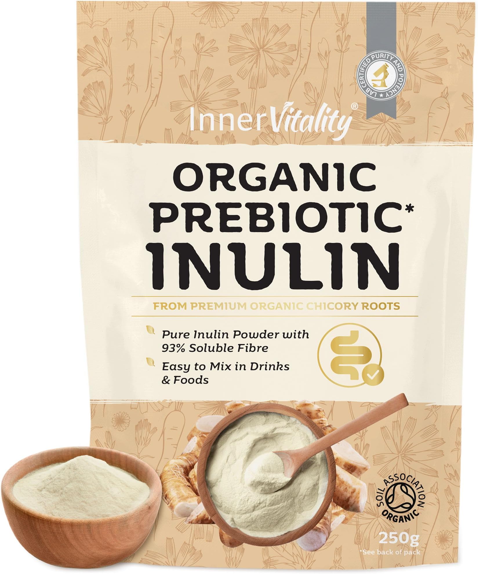 Organic Inulin Powder - 250g Prebiotic Fibre for Gut Health, Natural High Strength Fibre Supplement by Inner Vitality