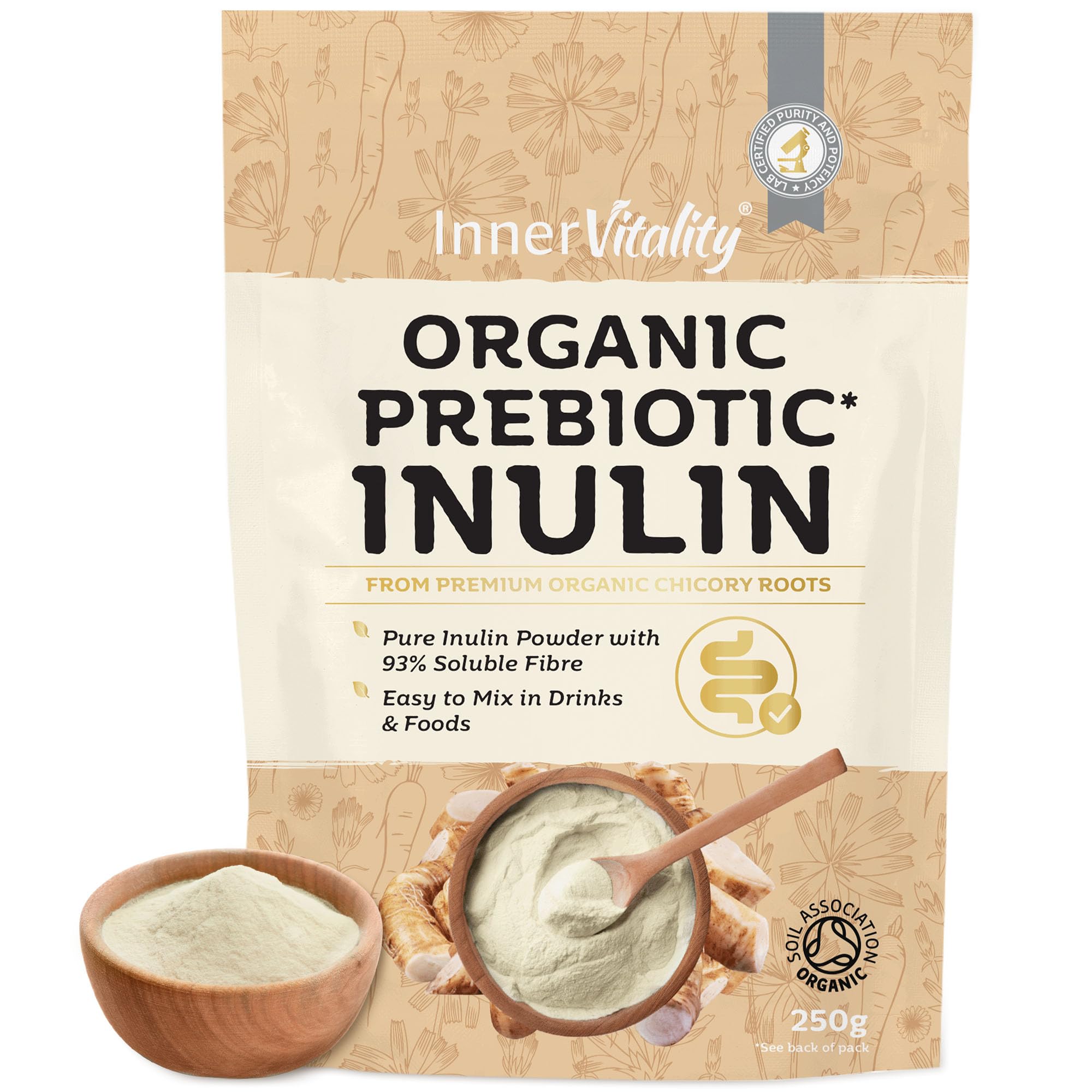 Organic Inulin Powder - 250g Prebiotic Fibre for Gut Health, Natural High Strength Fibre Supplement by Inner Vitality