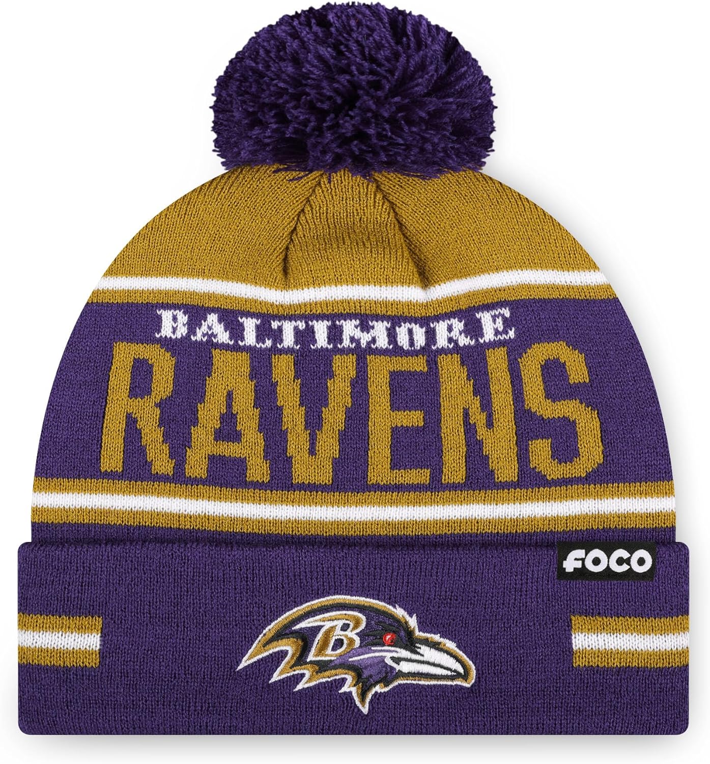 FOCO NFL Team Logo Big Wordmark Stripe Pom Beanie Hat