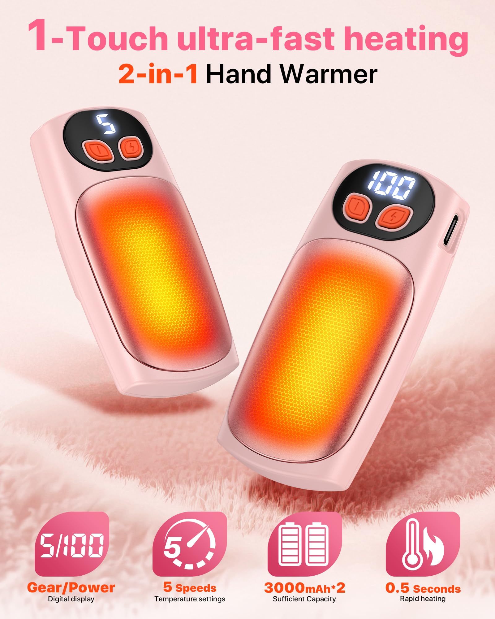 Akumulatorowe Podgrzewacze do Rąk 2 Sztuki,Elektryczny Podgrzewacz do Rąk Wielokrotnego Użytku,Wyświetlacz LED & 5 Ustawień Temperatury,Świetne do Golfa,Biwakowania i Sportów Zimowych