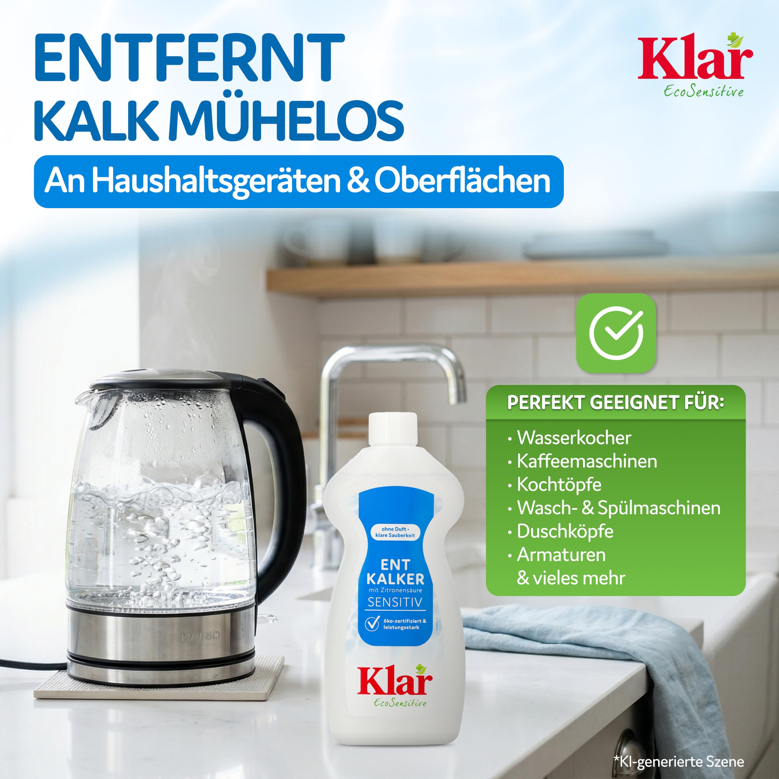 Klar EcoSensitive Entkalker mit Zitronensäure SENSITIV, 500ml - Flüssig | Zitronensäure Entkalker ökozertifiziert - Ideal zum Entkalken von Kaffeemaschine, Wasserkocher, Wasserhahn & Mehr - Vegan