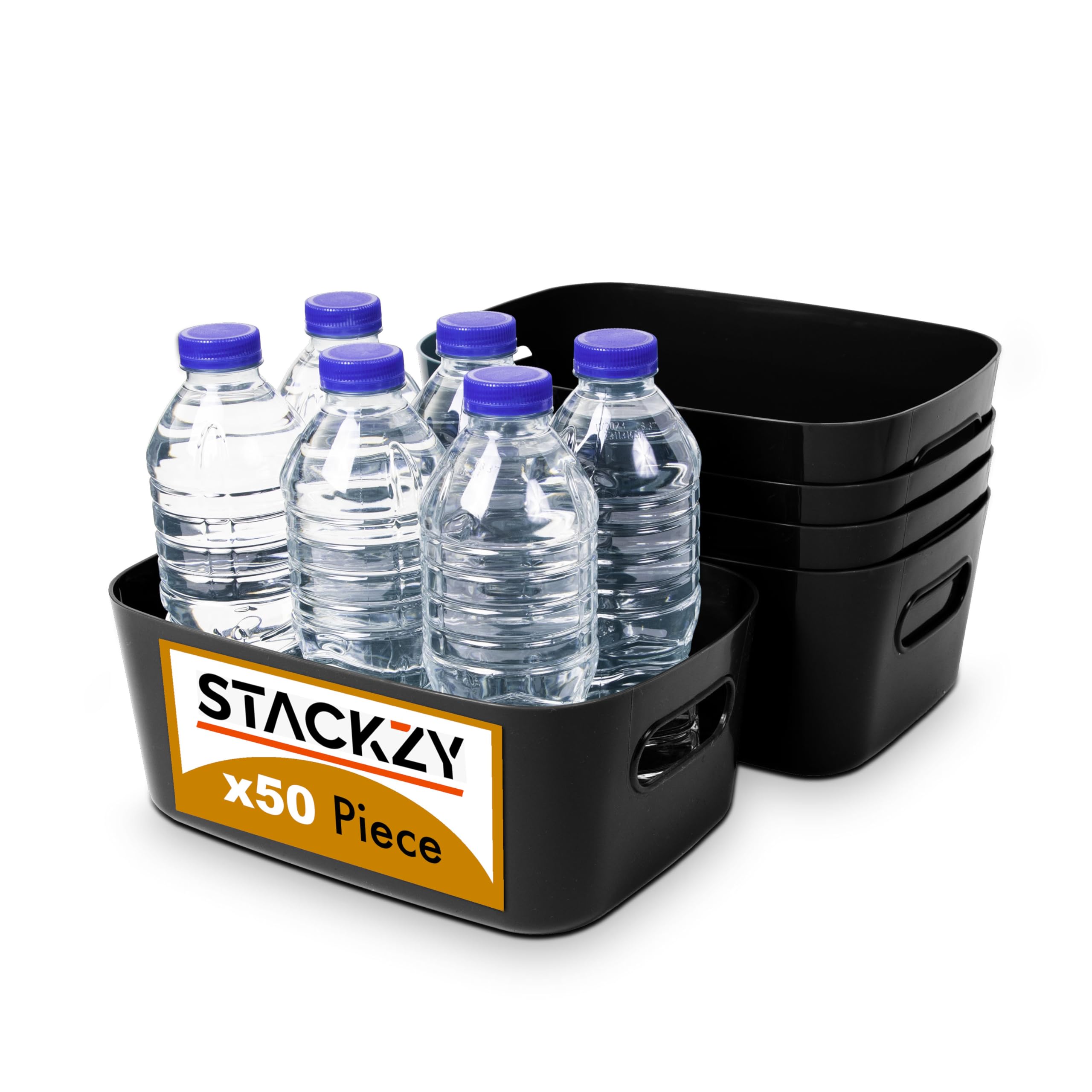 Stackzy Under Sink Storage Boxes – Strong Rectangular Multi Use Storage Baskets with Handles – Home, Kitchen and Bathroom Organiser – Black, 50pcs