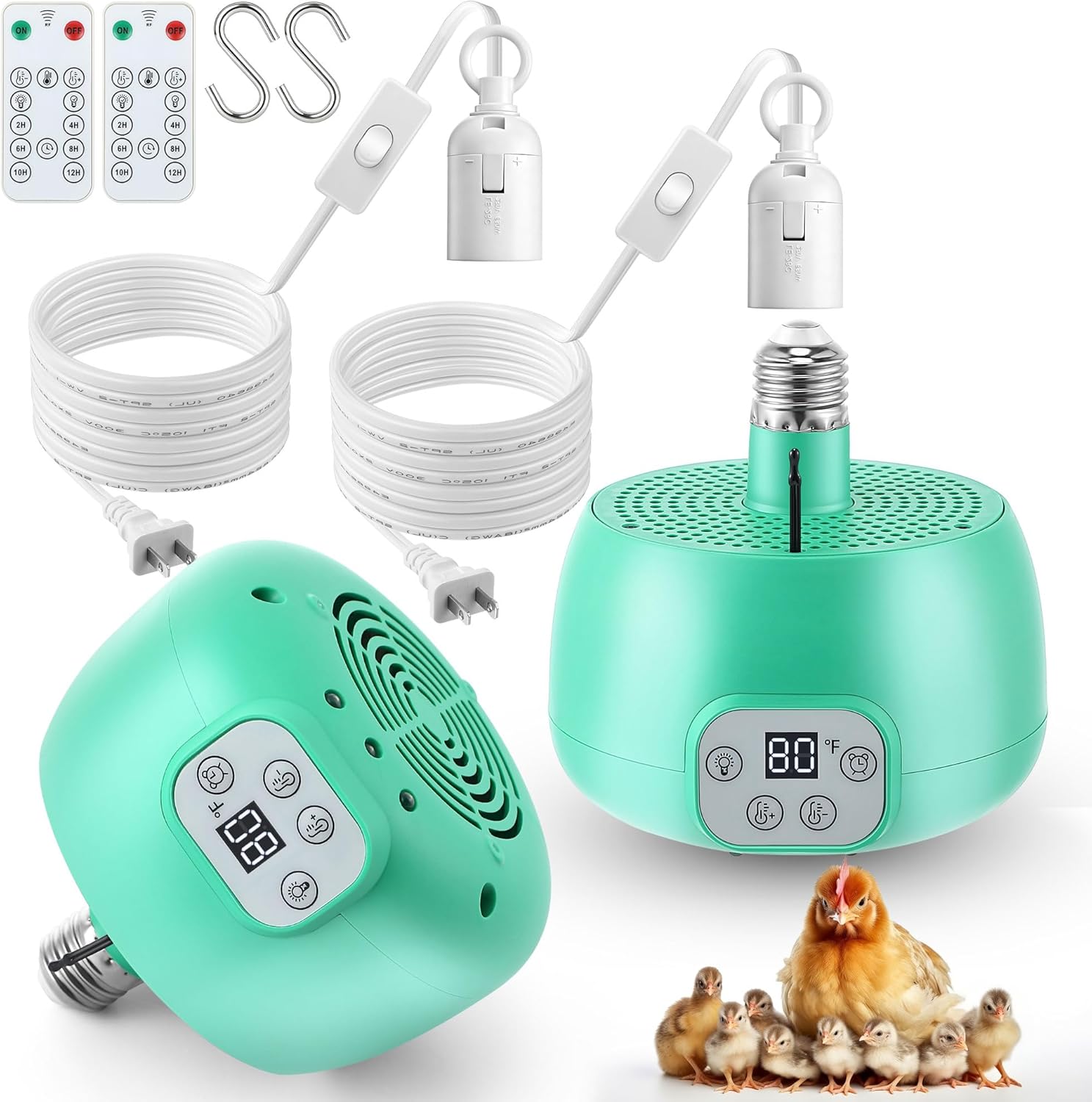 2 Pack Chicken Coop Heater with Remote Control, Timing Chicken Heat Lamp, Smart Temperature Control Chick Brooder Heater, 5 ft Ultra Long Cable Reptile Heating Lamp for Chicks Duck Dog Pet