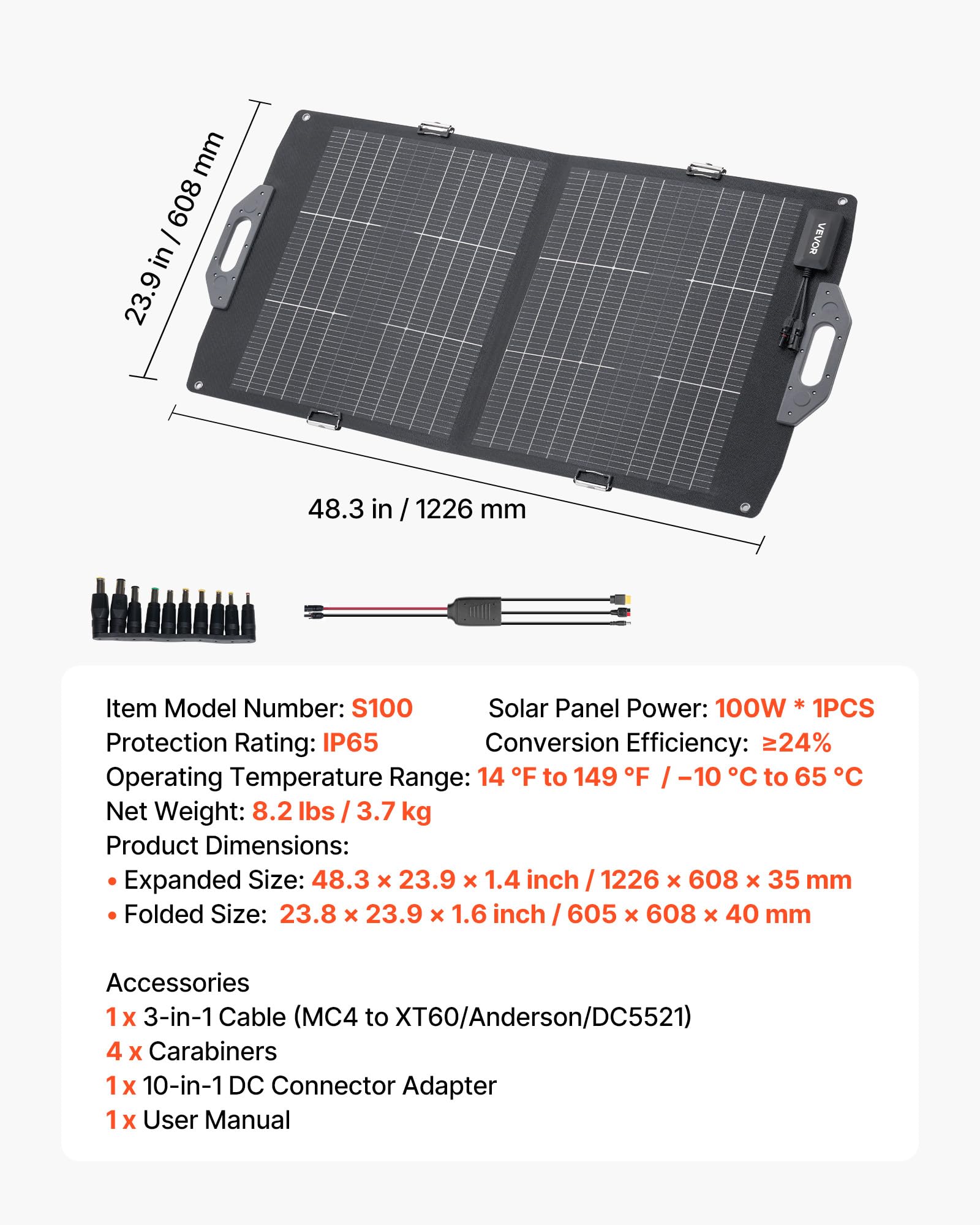 VEVOR Składany panel słoneczny 100 W, 16BB typ N, dwufazowy, monokrystaliczny moduł solarny z ładowarką, sprawność 24%, z wyjściem MC4, USB-A (QC3.0), złącza typu C i DC do stacji zasilania