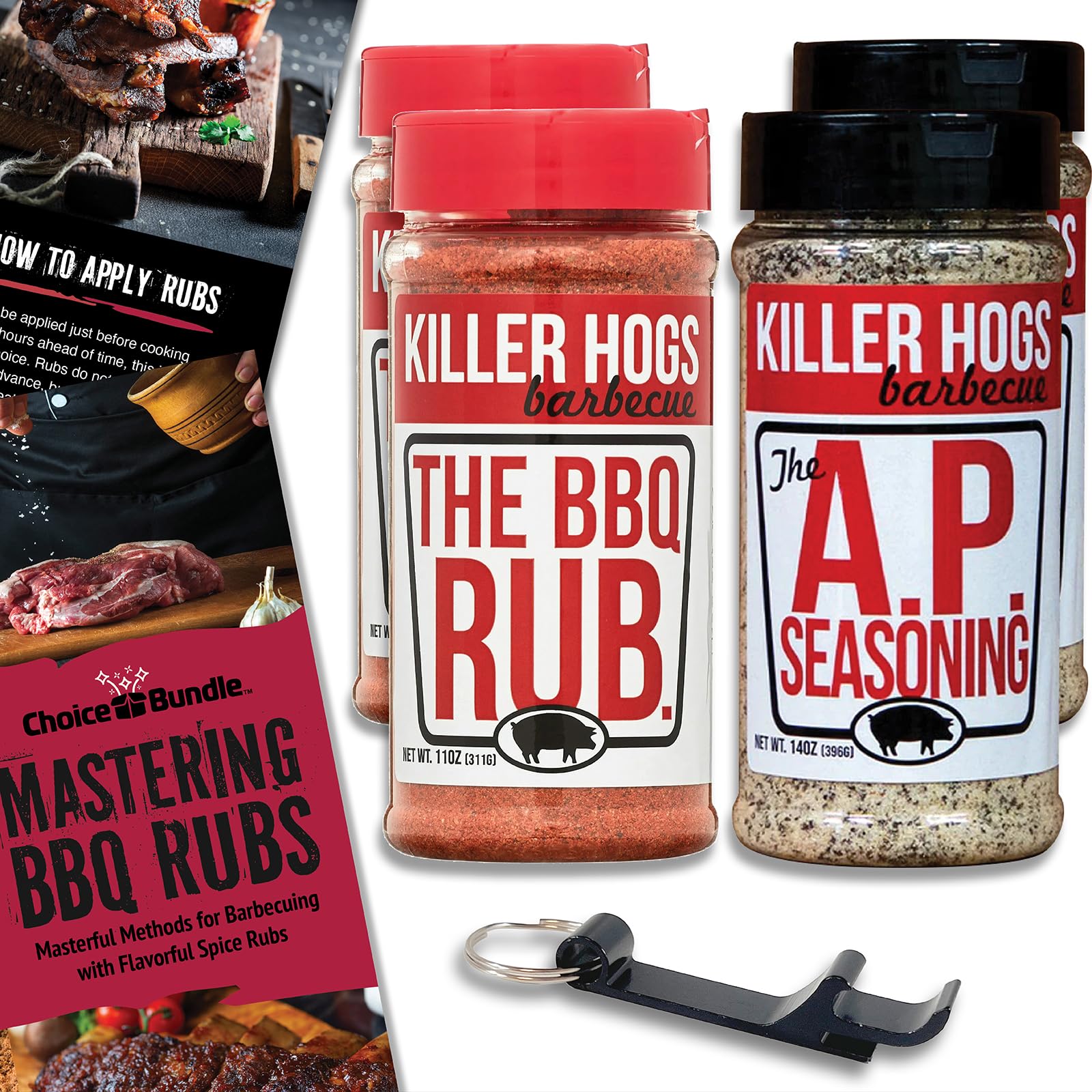 Killer Hogs Premium BBQ Barbecue Rub & Seasoning Choice Bundle 4pk (50 oz) I Killer Hogs The BBQ Rub & Killer Hogs AP Seasoning I Plus BBQ Guide and Keychain Bottle Opener (6 Items)!