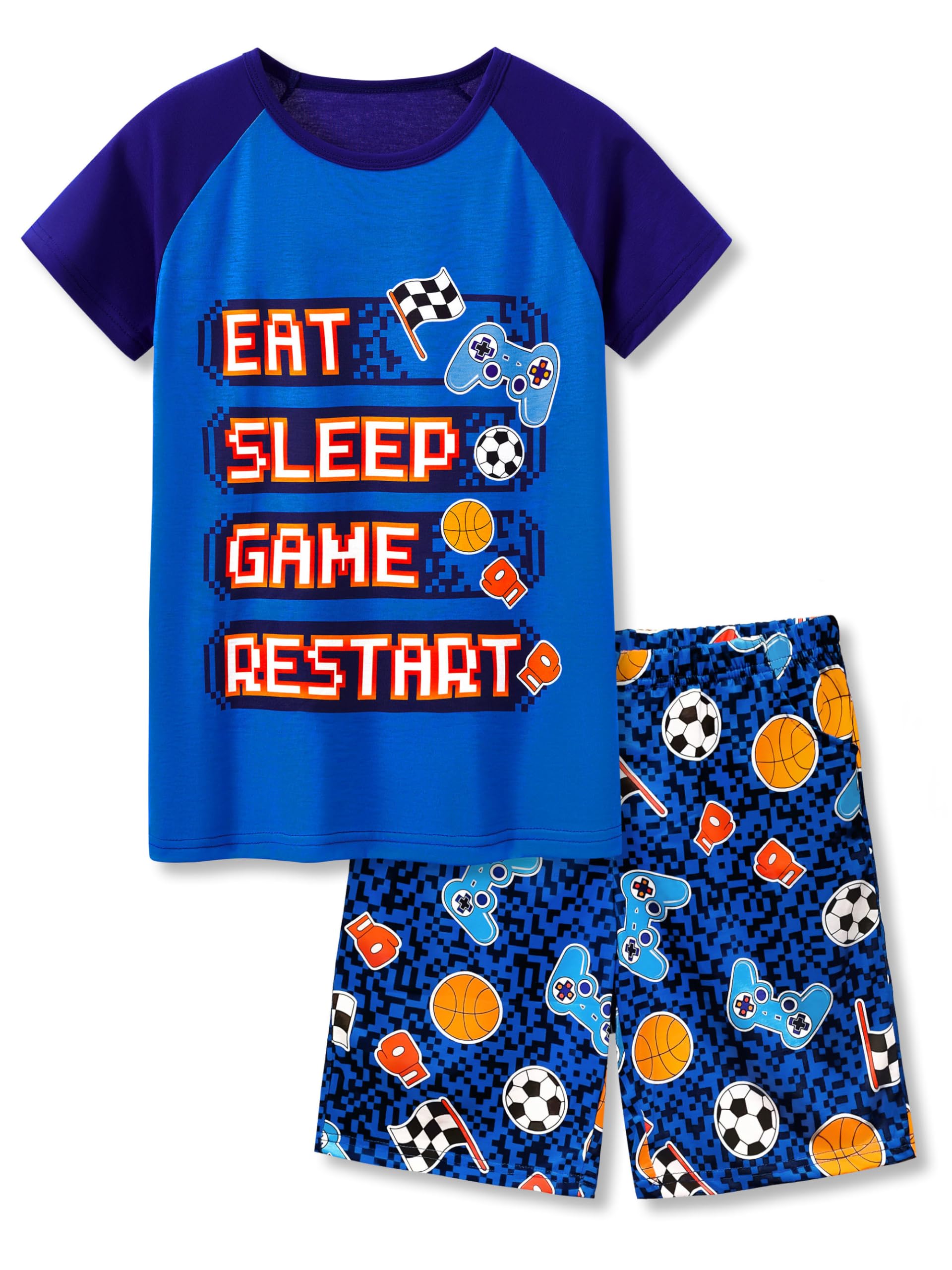 Tebbis 2-Piece Cozy Pajamas For Little/Big Boys Gamer Yellow Short Sleeves Cool PJs Set Kid Size 6-18