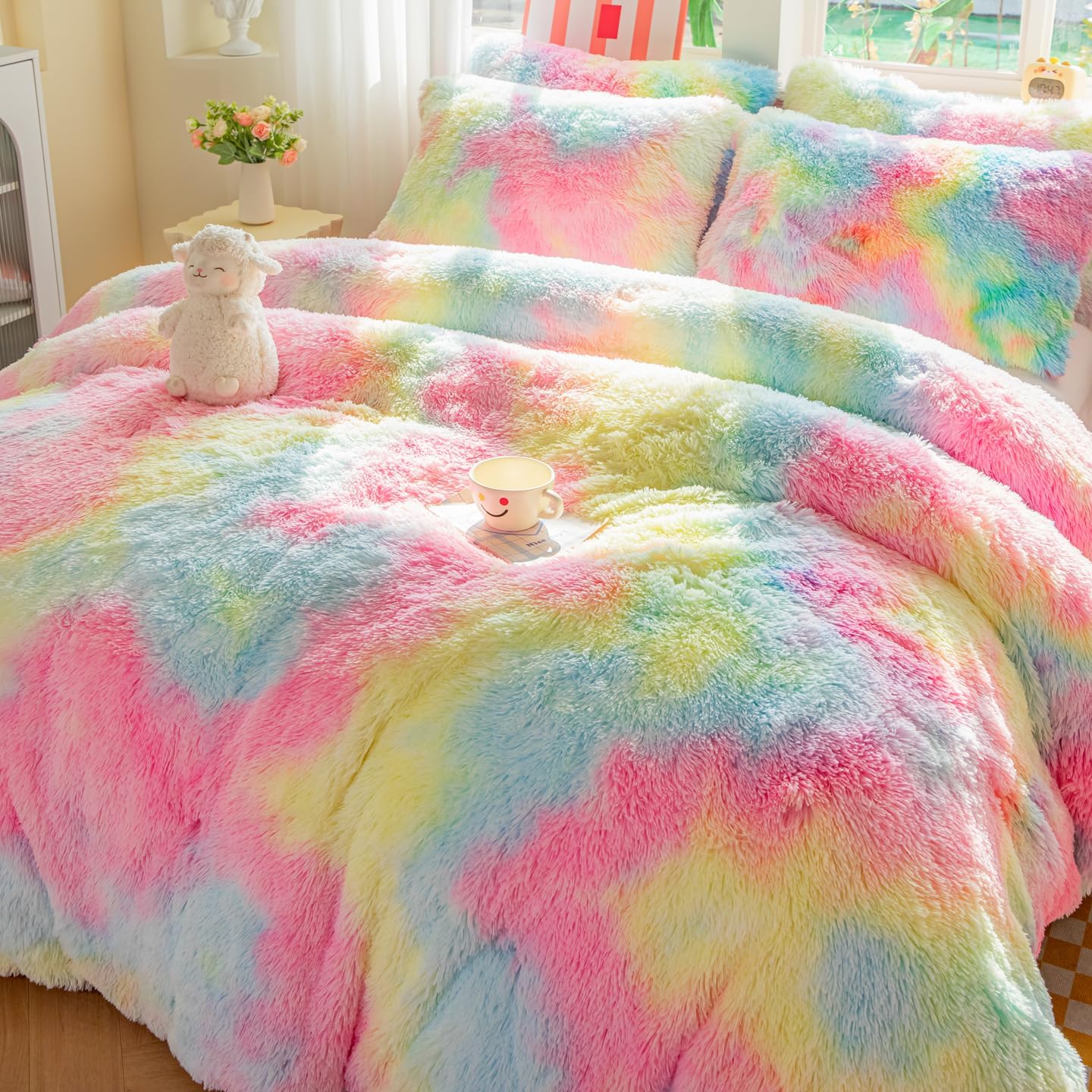 chovy Faux Fur Plush Tie-Dyed Pink Comforter Sets Twin/Full Size - Ultra Soft Shaggy Flannel Velvet Fluffy Fuzzy 3PC Bedding Set （Comforter x 1 Pillowcases x 2） - Image 3