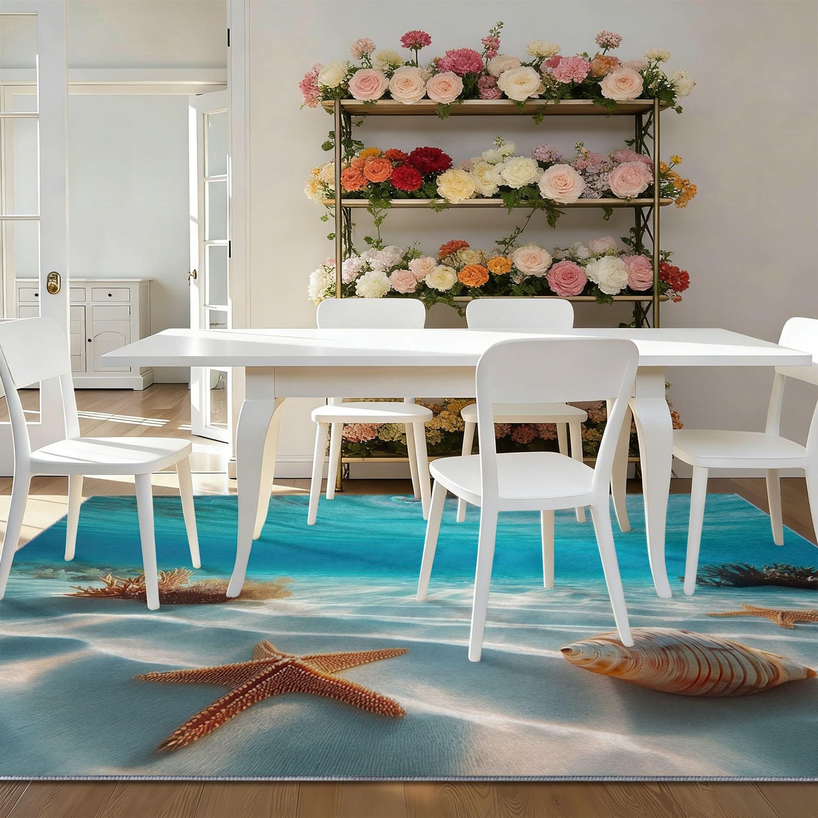 Tapis Poil Ras Antidérapante, Style Décontracté Bleu Et Blanc Lavable Machine Résistante à la Tache Moquette, Monde sous-Marin Plage Étoile De Mer Coquillage Tapis pour Couloir Chambre, 100 x 150 cm