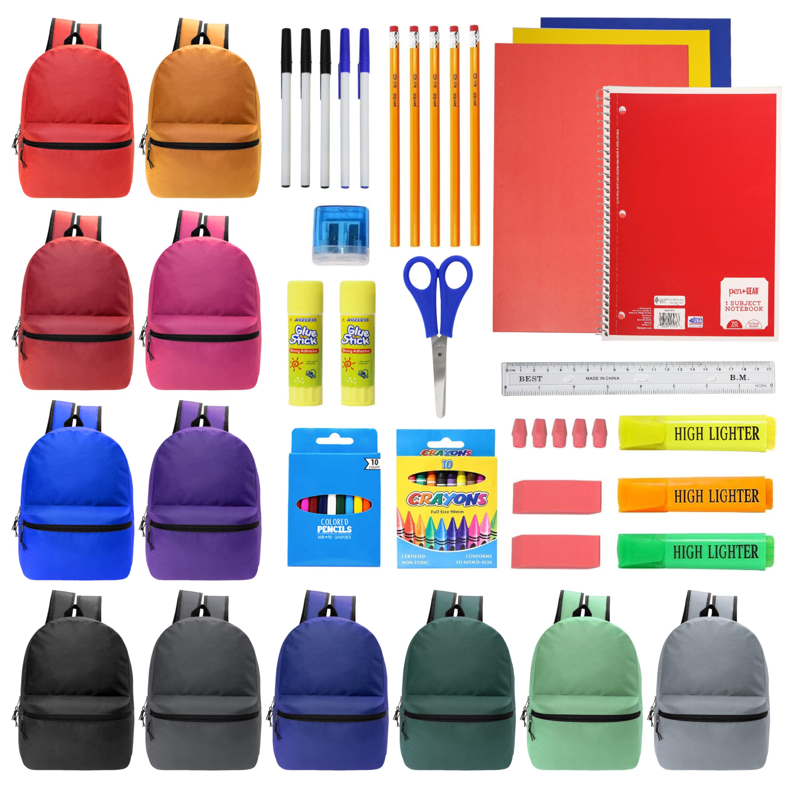 Moda West 17 Inch Bulk Backpacks with 50 Piece School Supplies Kits - Pens, Pencils, Crayons - Case of 12 Wholesale Backpacks in 12 Assorted Colors