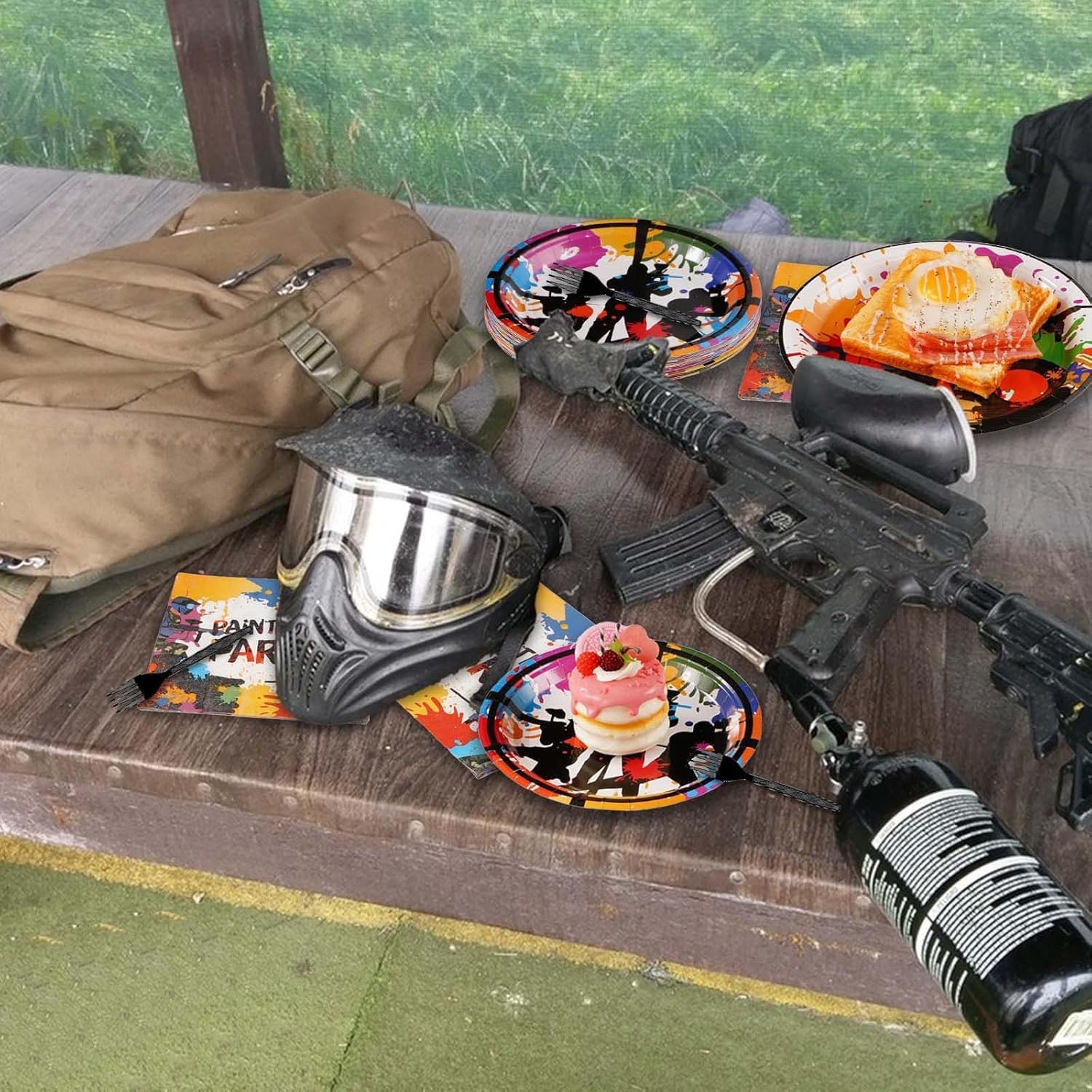 Grencian 200Pcs Paintball Party Supplies Paintball Neon Paper Plates and Napkins Paint Splatter Tableware Sets Paint Ball Gun Shooting for Kids Boys Holiday Birthday Party Supplies Serves 50