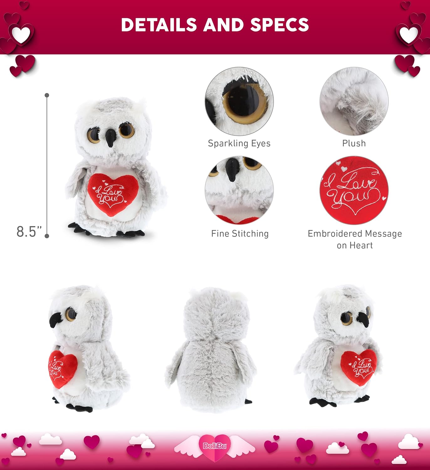 DolliBu I Love You Valentine Plush Big Eye Owl Bird - Cute Stuffed Animal with Red Heart and Name Personalization Gift for Valentines Day, Birthday, Anniversary, Romantic Date - 9 Inches