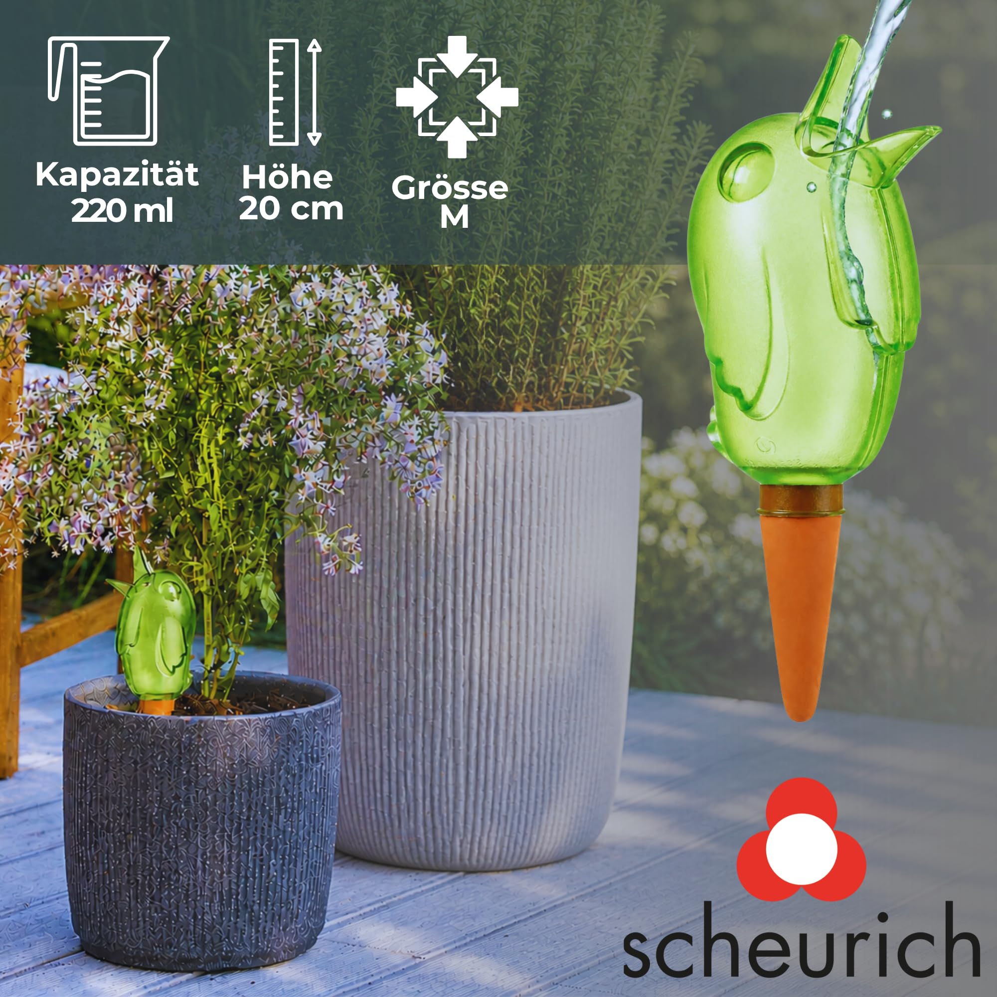 Scheurich Wasserspender Bördy M | 8 x Grün | 220ml Füllmenge | Bewässerungskugeln klein mit Ton Fuß | Wasserspender Pflanzen und Blumen Terrakotta Stiel