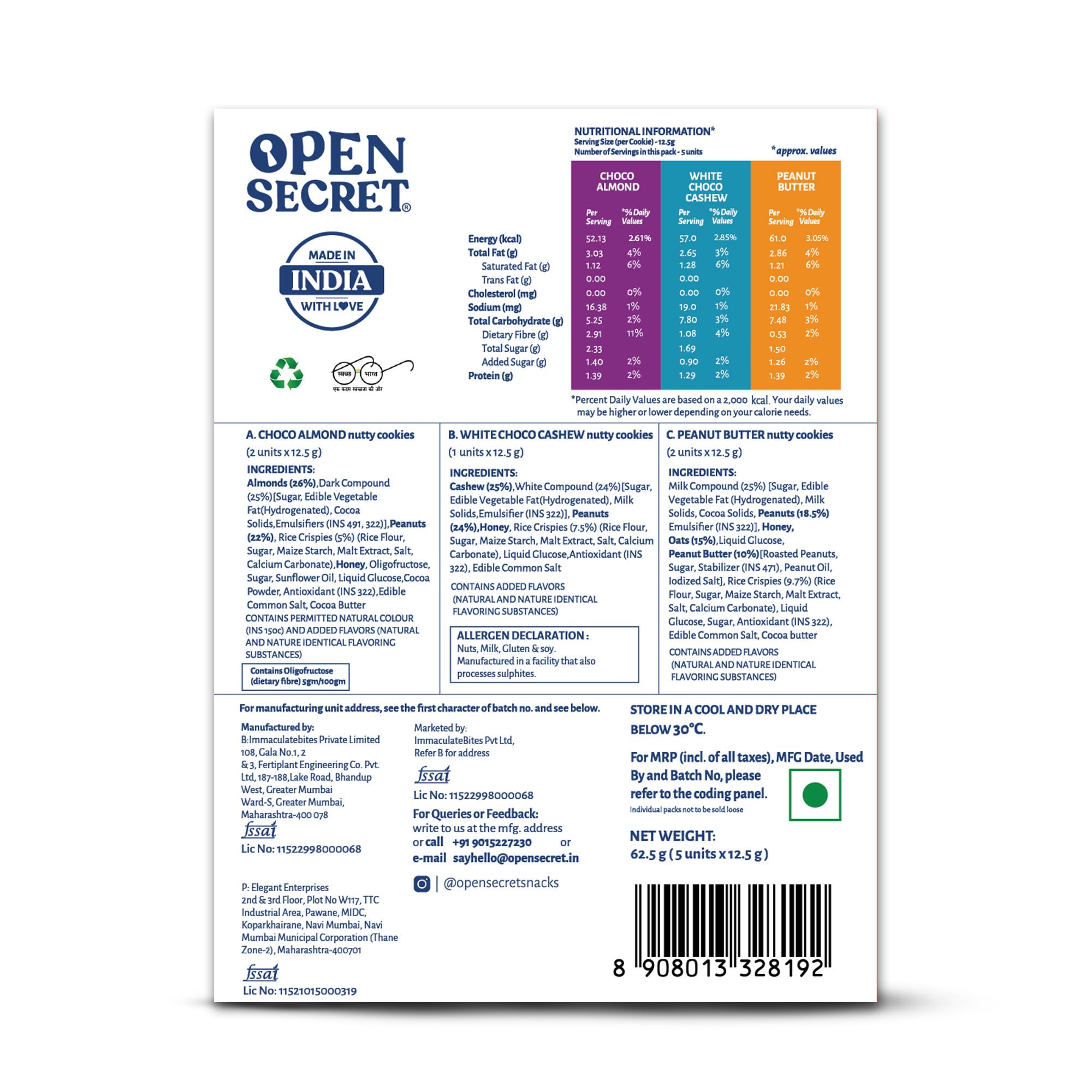 Open Secret Multi Flavor Assorted Story Box with Choco Almond, White Choco Cashew & Peanut Butter Nutty Cookies|No Added Maida| Family Snacks Biscuit | 6 Cookies, 75g