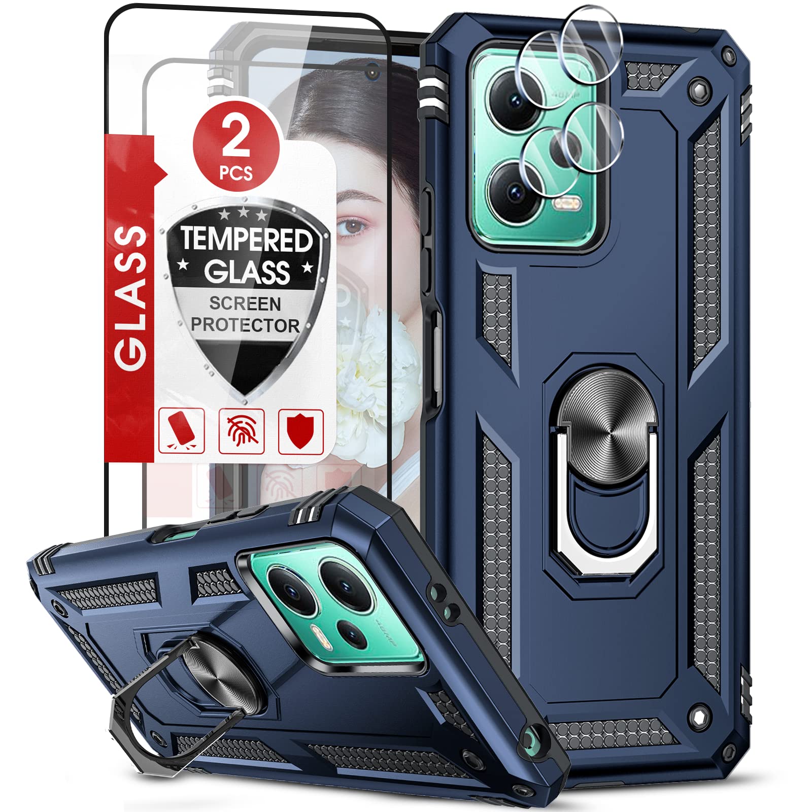 LeYi per Cover Xiaomi Redmi Note 12 4G (Non per 5G) Custodia con Vetro Temperato[2 Pack]+Pellicola Fotocamera[2 Pack], Grado Militare 360° Magnetica Anello Supporto TPU Bumper Silicone Custodie Rosa