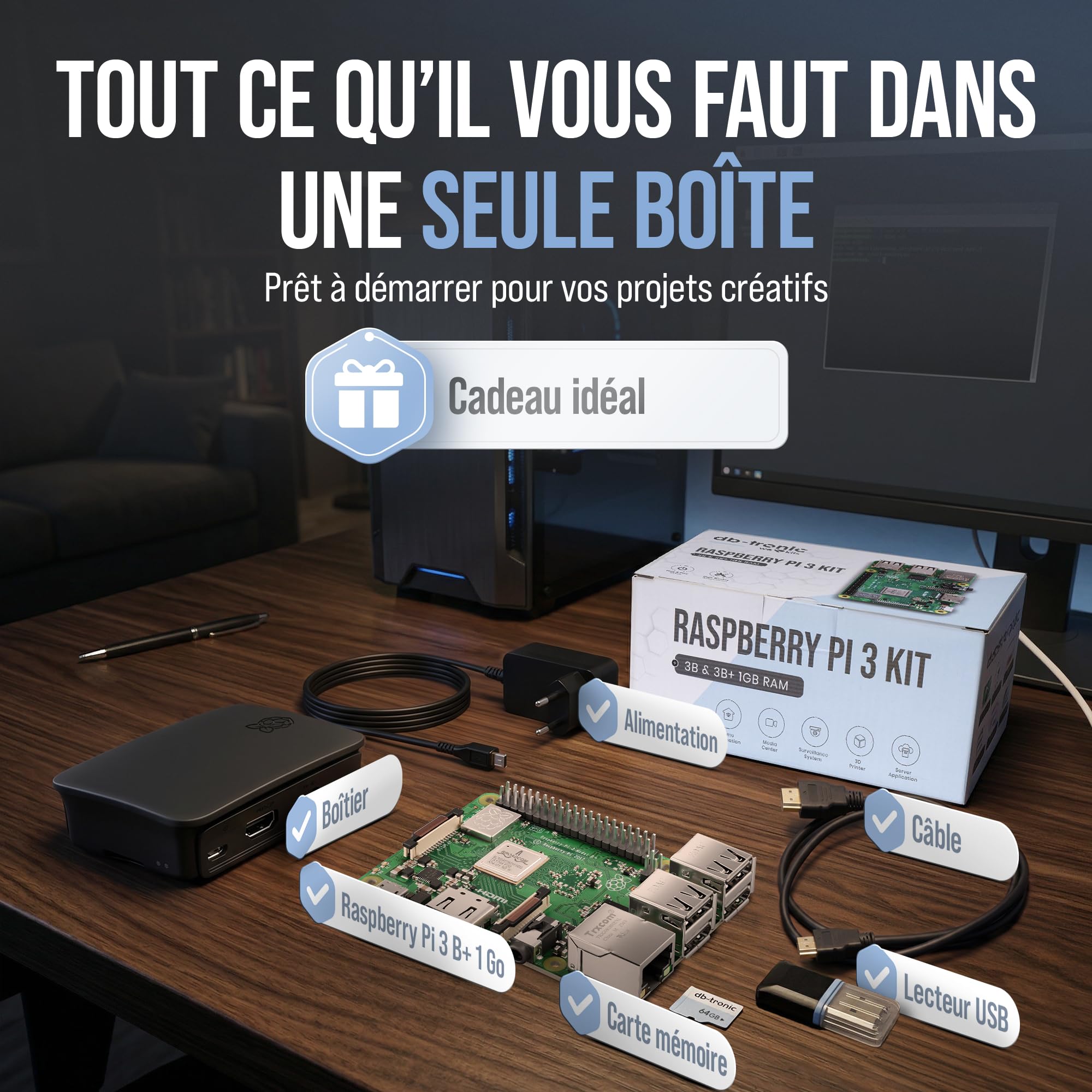 db-tronic Raspberry Pi 3 B+ 1 Go Starter Kit | Édition 64 Go | Alimentation | Boîtier | HDMI 4K | idéal pour Home Assistant et Le Smart Home