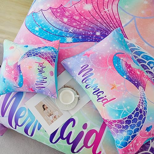 Miniatura 7 de RYNGHIPY Juego de ropa de cama tamaño matrimonial de sirena para niñas, colorido arco iris, juego de edredón con sábanas suaves y ligeras, 6 piezas,