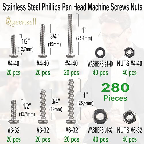 Miniatura 2 de Tornillos y tuercas de máquina pequeños, 280 tornillos de cabeza de bandeja #4-40#6-32, kit surtido de tornillos de máquina de acero inoxidable,