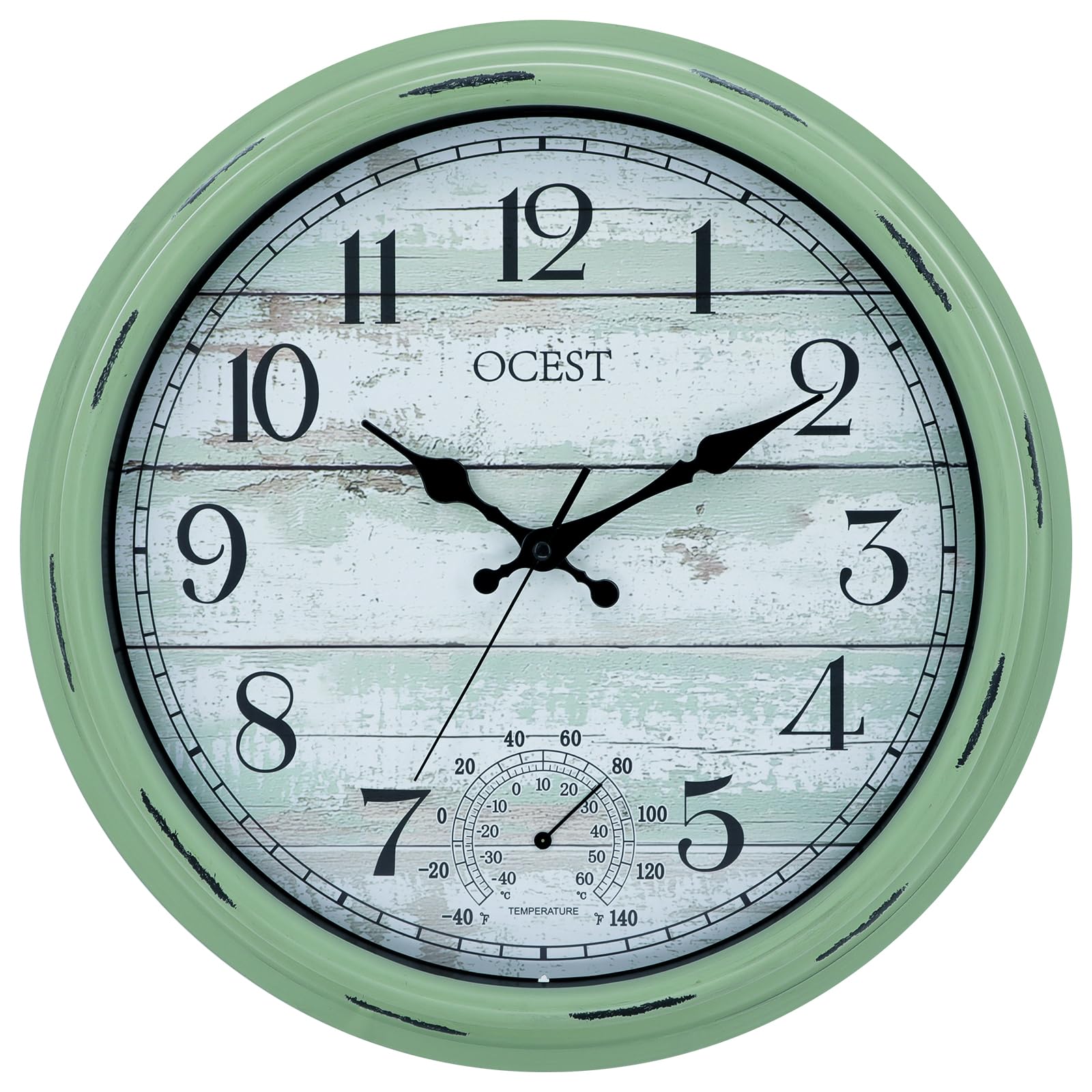 OCEST Grande horloge murale étanche pour intérieur et extérieur de 40,6 cm avec thermomètre, silencieuse, sans tic-tac, fonctionne à piles, décoration pour terrasse, piscine, porche, jardin, garage