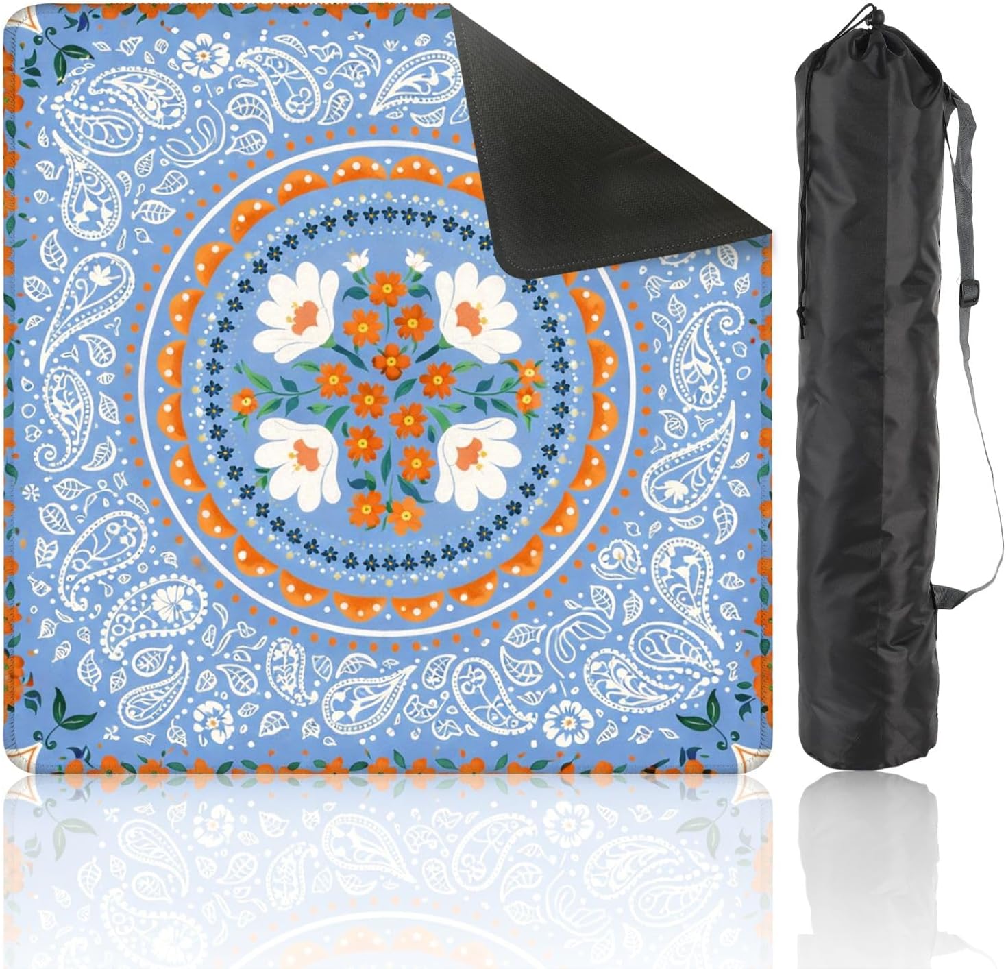 Mahjong Mat with Carrying Bag 31.5" x 31.5" Non-Slip Noise Reduction Floral Mandala Blue White Paisley Motifs Orange Flowers Table Mat for Mahjong Poker Dominoes Card Board Tile Games