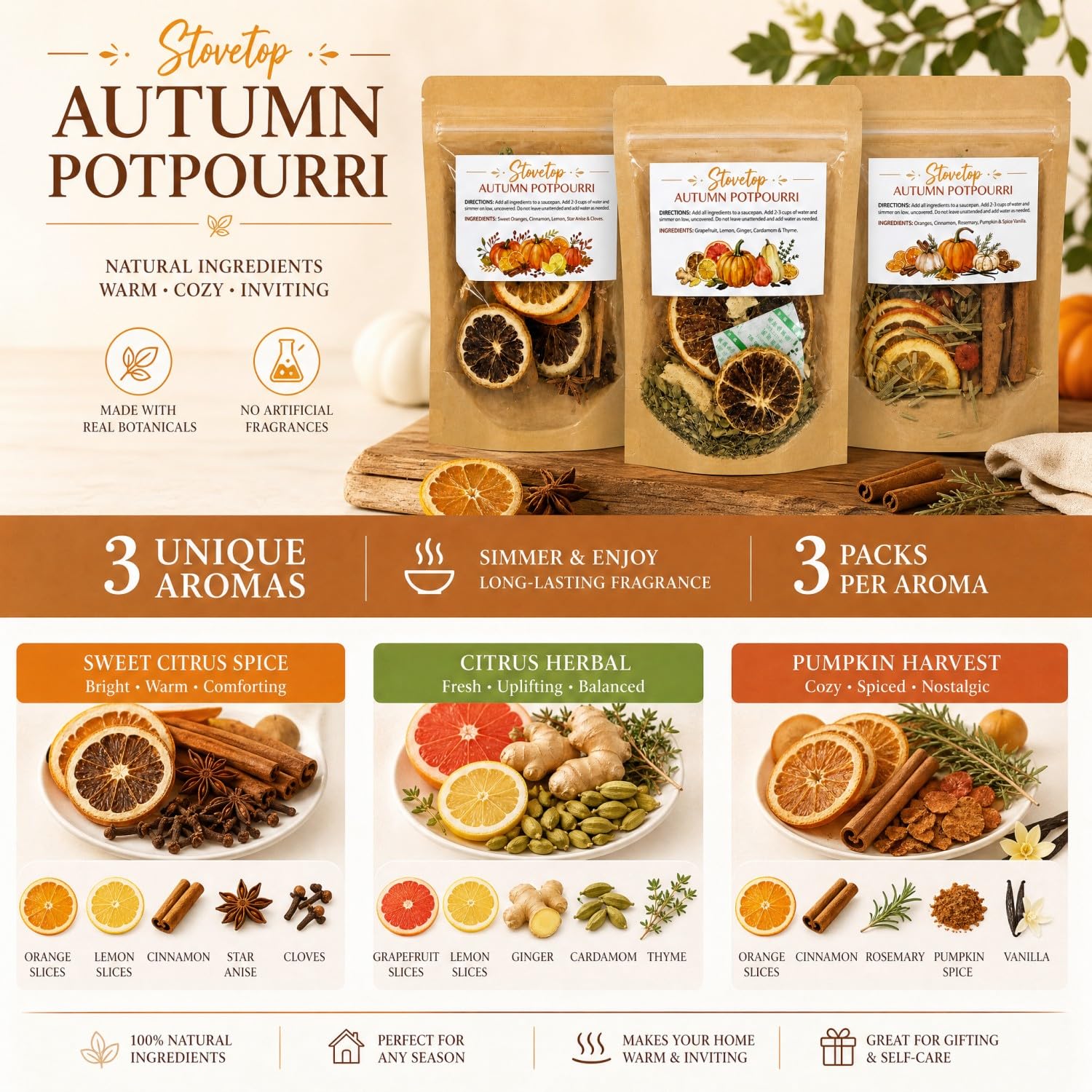 6 Stück herbstliche Potpourri mit getrockneten Orange, Zimt, Sternanis, Nelken, Rosmarin, Ingwer, Kardamom, Kürbisgewürz für Herbst, Erntedankfest, Gastgeberin, Einweihungsgeschenk