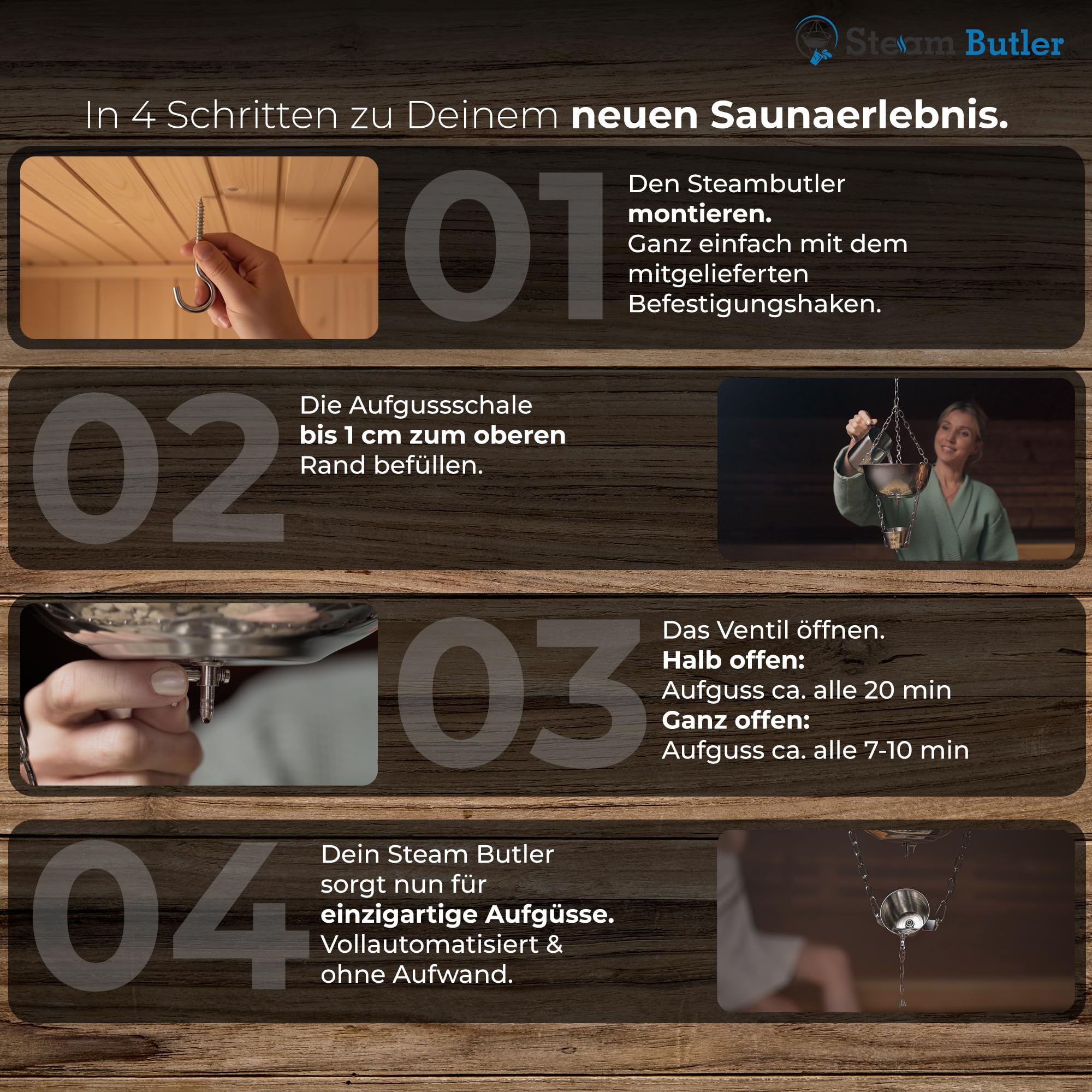 Original Steam Butler Home - Automatischer Aufguss für die Sauna/Heimsauna/Gartensauna - Material: Edelstahl - Stufenlos Intensität einstellbar -