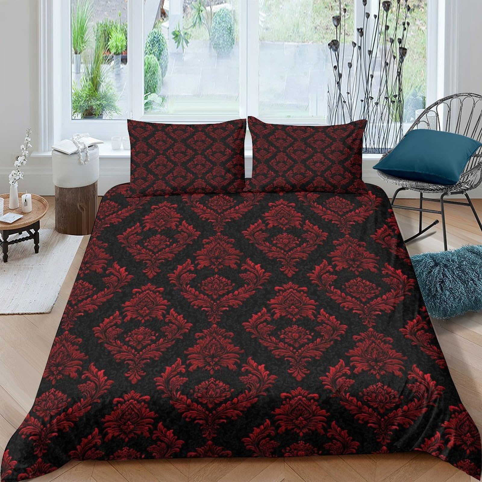Ctjqhvkz Style-8 3D Printed Red Damask Fitted Sheet Microfiber Soft Breathable Gothic Floral Bed Cover For Bedroom Guest Room Decor Single（135X200cm）