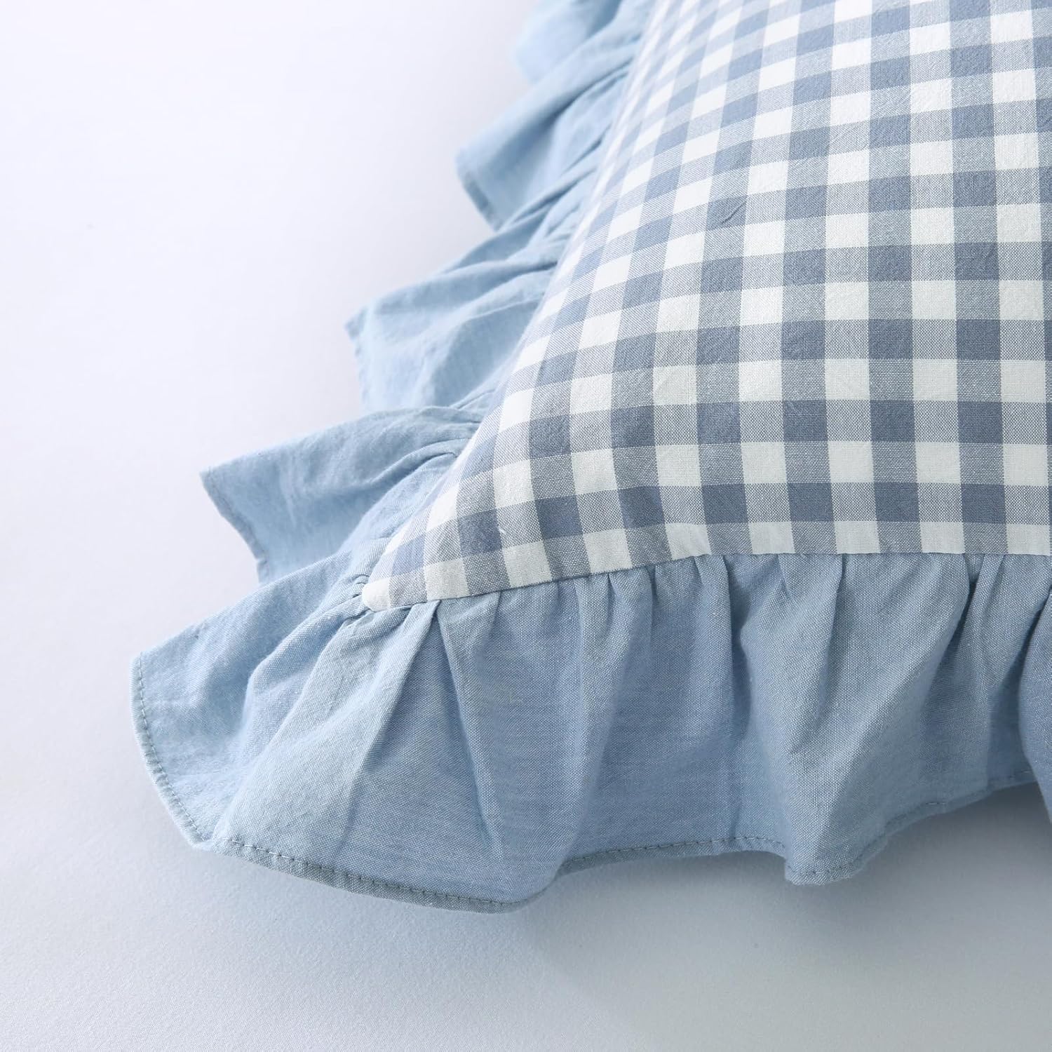 Mywinlle Dusty Blue Plaid Ruffle Throw Pillow Covers for Couch 20"x20",2 Pack Vintage Checkered Washed Cotton Pillow Cases for Bed, Sofa, Living Room