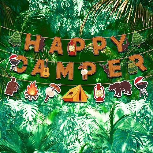 Miniatura 4 de Cartel de fiesta de campamento Happy Camper Banner divertido para casa con tienda de campaña de fogata lámpara de aceite Aventura Camping Decoración