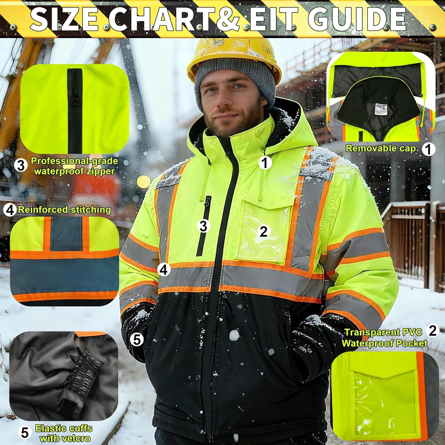 High Visibility Jacket, Class 3 Waterproof Safety Jacket for Men, Hi Vis Winter Jackets With Cold Weather, Safety Coats for Work Construction Yellow L