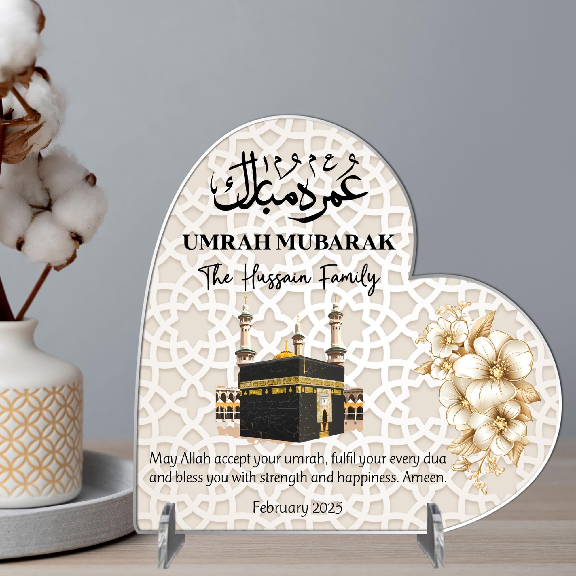 Heart Plaque Personalised Umrah Mubarak Heart Plaque for Families – Sentimental Islamic Gift for Pilgrims – Custom Arabic Names & Date Keepsake (Beige, Acrylic - Large - 190mm x 185mm)