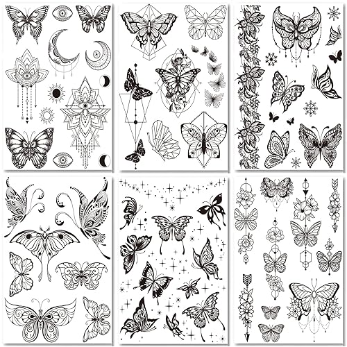 Tatuaje temporal de mariposa realista para mujeres, calcomanías de tatuaje falsas de mariposa grande negra para adultos, pierna de mano y brazo,