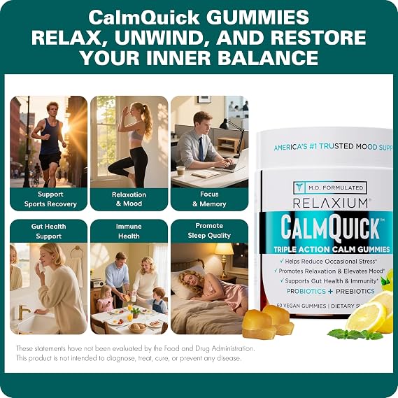 Relaxium Calm Gummies - Calm, Gut Health + Immune Support, Developed in the USA, with Vitamin B6, Magnesium, L-Theanine + Prebiotic & Probiotic Blend, Lemon Flavor, 60 Gummies