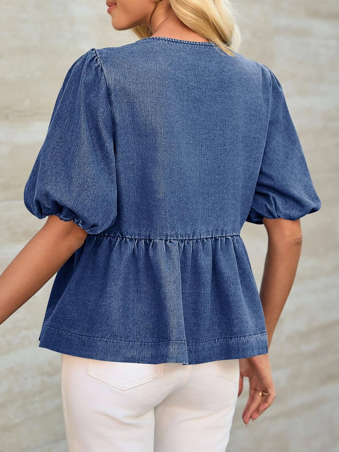 Tankaneo Womens Denim Tie Front Tops Babydoll Peplum Puff Sleeve Jean Shirts Crew Neck Summer Casual Bow Blouses - Image 8