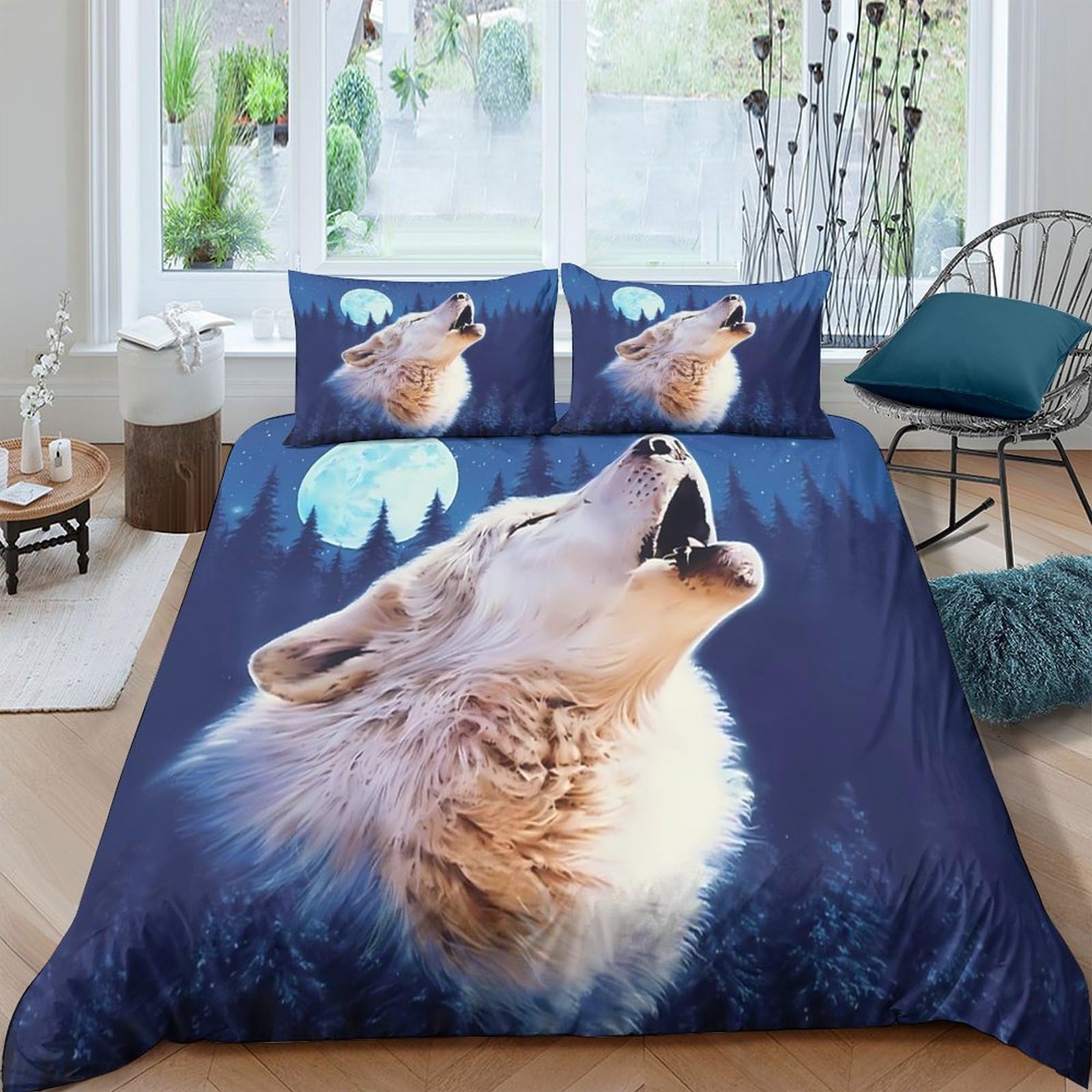 Ctjqhvkz Style-5 3D Printed Howling Wolf Fitted Sheet Microfiber Soft Blue Moon Mattress Cover For Bedroom Decor Dorm Room Protection Single（135X200cm）