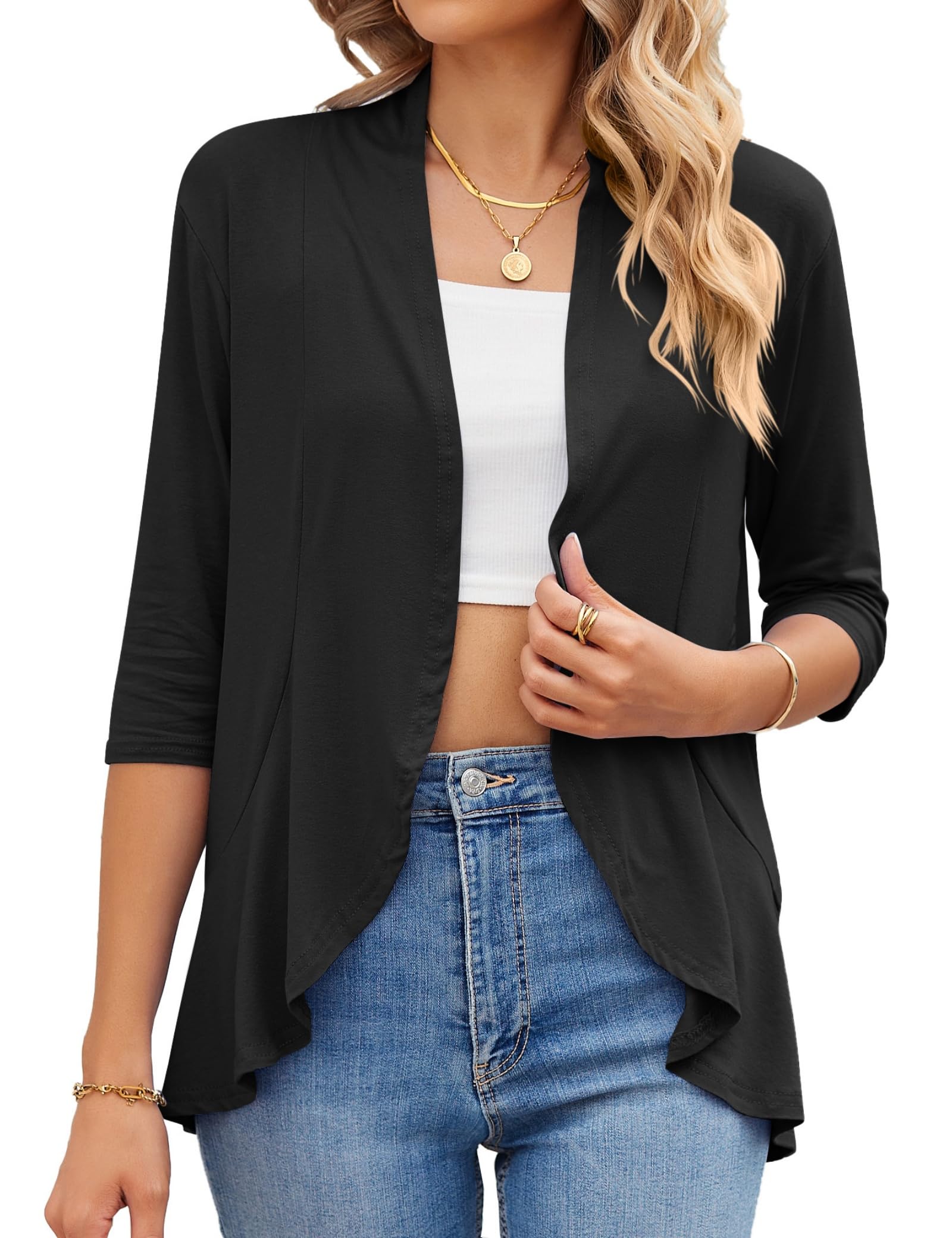 Womens Summer 3/4 Sleeve Open Front Cardigan Lightweight Draped Ruffle Casual Tops