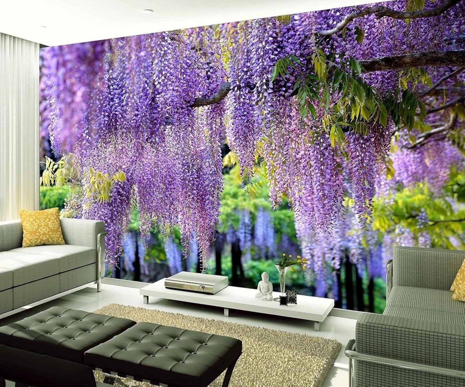 Chambre Fleurs Violettes 3D : Solution Mur de Fond Salon pour Agrandir l'Espace