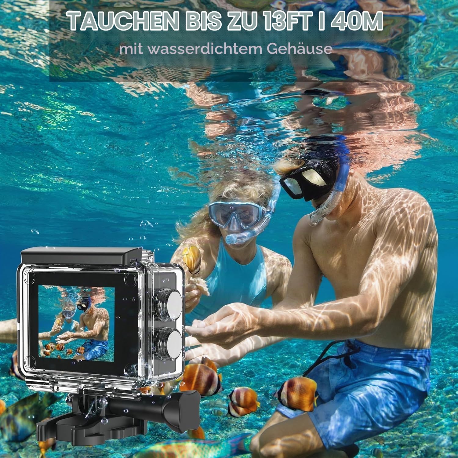 Action Cam, 5K30FPS 30MP Action Cam 40M Unterwasserkamera wasserdichte WiFi 170° Ultra-Weitwinkel EIS Action-Kamera 5X Zoom mit Fernbedienung und 2X 1350mAh Akkus(Black, SP10v19)