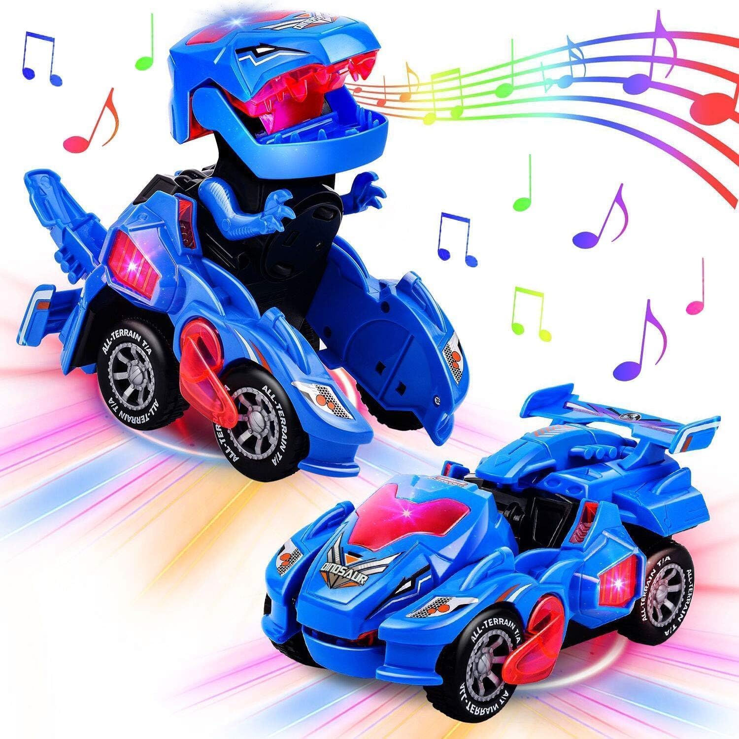 Dinosaur Transforming Robot Car Toy, LED Car with Light Sound, Singing Toy Car, Integrated Auto Transformation, Light Music, Popular Gift for Kids