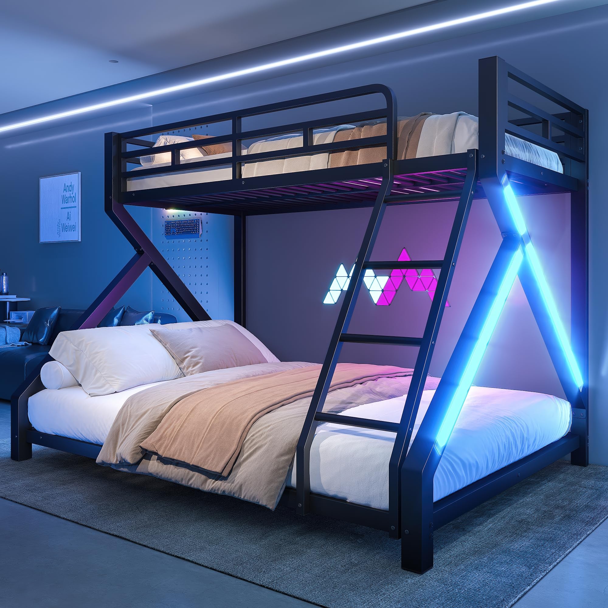 Litera con LED para niños y adultos, cama infantil con barandilla y escalera, hierro 90x200+140x200 cm, negro