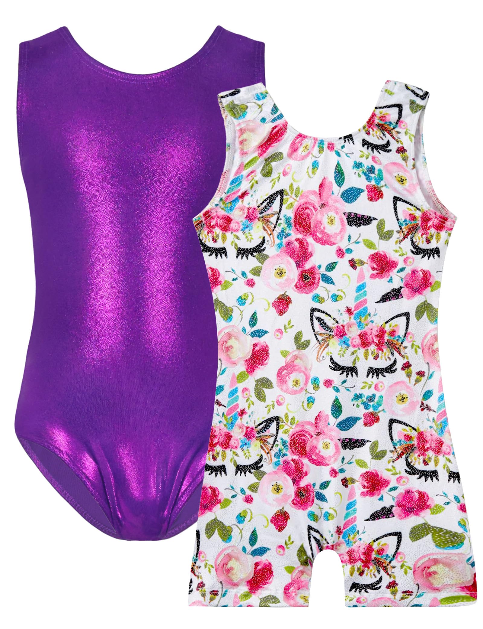 TENVDA Bundles of Leotards for Girls Gymnastics Size 7-8 Years Old White Sparkly Unicorn Floral Print and Purple Sleeveless Tumbling Outfit