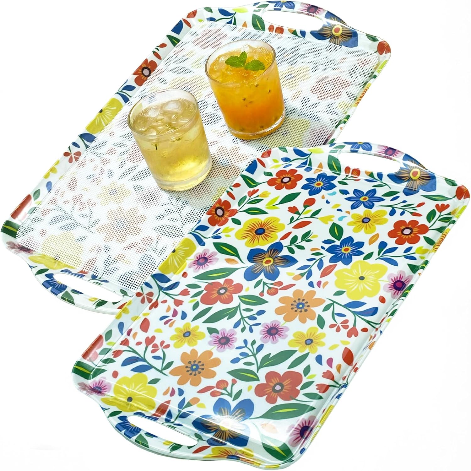 Floral Large Serving Tray with Handles, 19''x11.6'' Rectangular Melamine Platters for Serving Food, Turkey, Cookie, Cupcakes, Desserts, Dishwasher Safe, BPA-Free, Set of 2, Mats Included