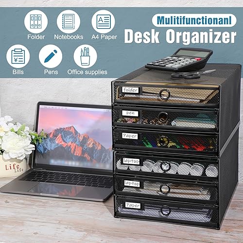 Miniatura 3 de Zhanmai Organizador de escritorio de 2 piezas con cajón en total de 6 niveles, bandeja organizadora de malla de alambre, organizador de papel Negro