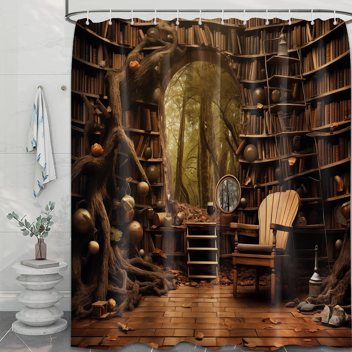 Fantasy Library Shower Curtain, Bookshelf for Bathroom Decorative Shower Curtain Set Enchanted Forest Shower Curtain, Witch Waterproof Cloth with Hooks (70''W x 72''L)