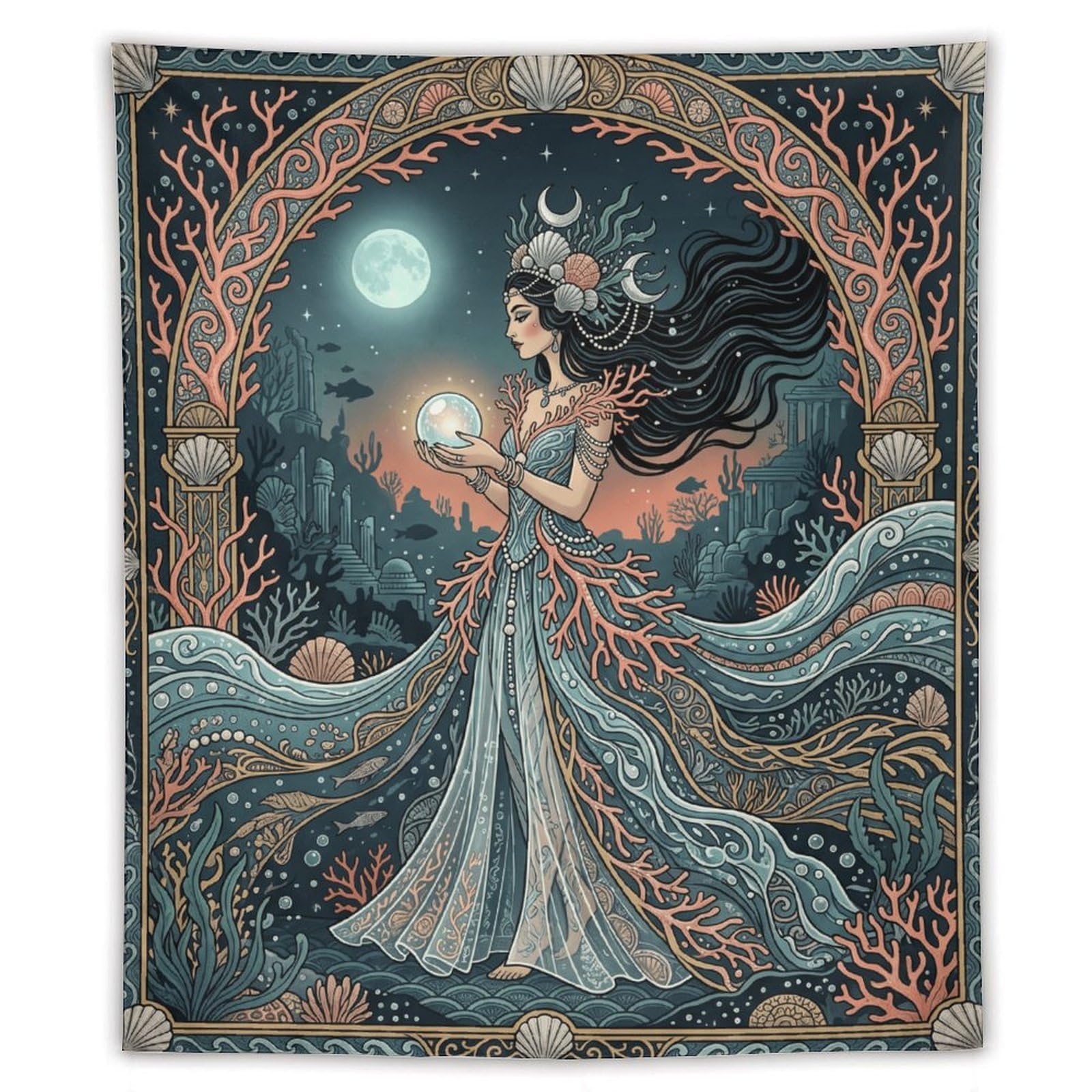 W7C8U2X3 Art Nouveau Ocean Woman Wall Tapestry, Symbolist Art, Office
