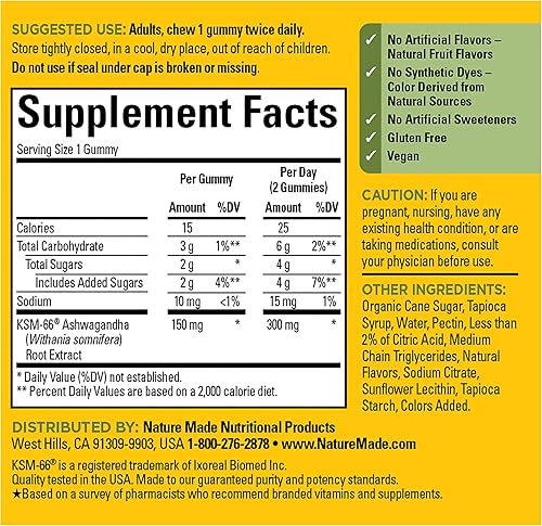 Miniatura 7 de Gomas de Ashwagandha Nature Made, veganas, Ashwagandha KSM 66 para el apoyo al estrés, 60 unidades, suministro para 30 días